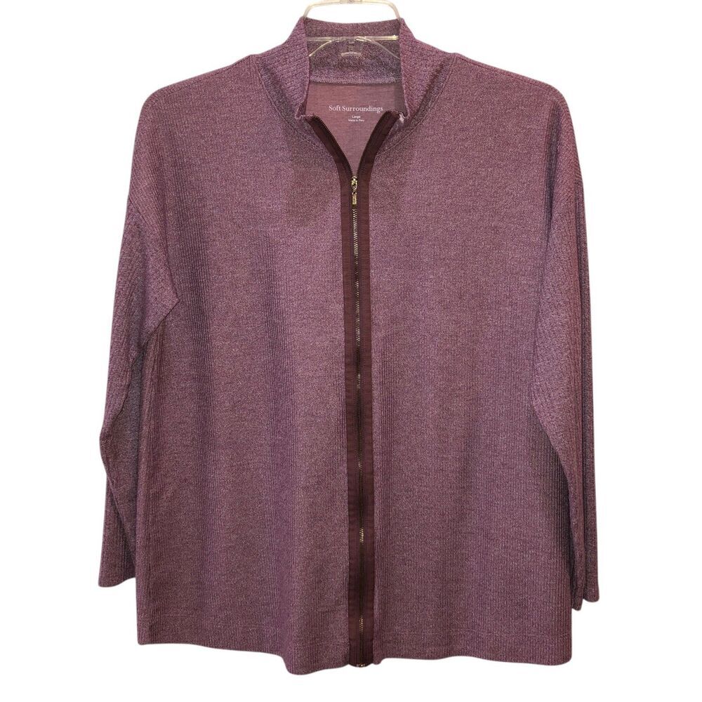 Soft Surroundings Lhami Women Large Ribbed Mock Neck Full Zip Sweater Cardigan L